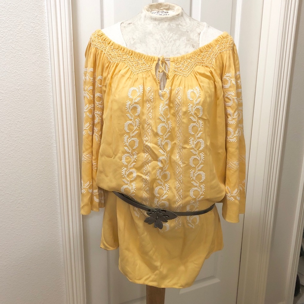 Sincerely Mary Yellow/White Embroid Boho Tunic- L
